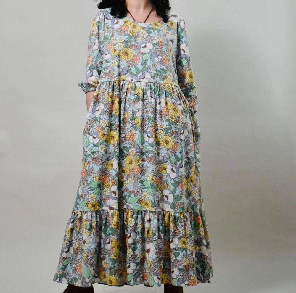 Altar Houseline Women's Floral Print Tiered Midi Smock Dress with Puff Sleeves